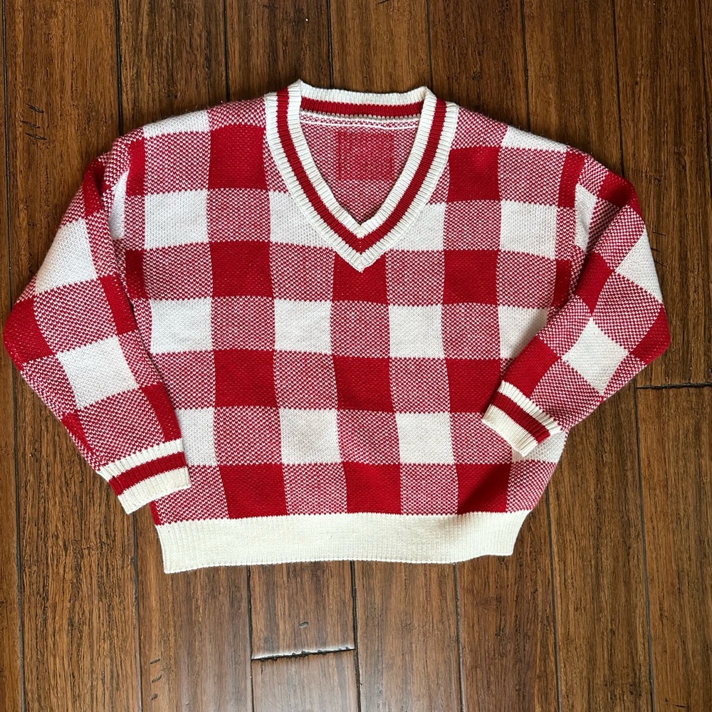 SHEIN Red and White Plaid V-Neck Sweater